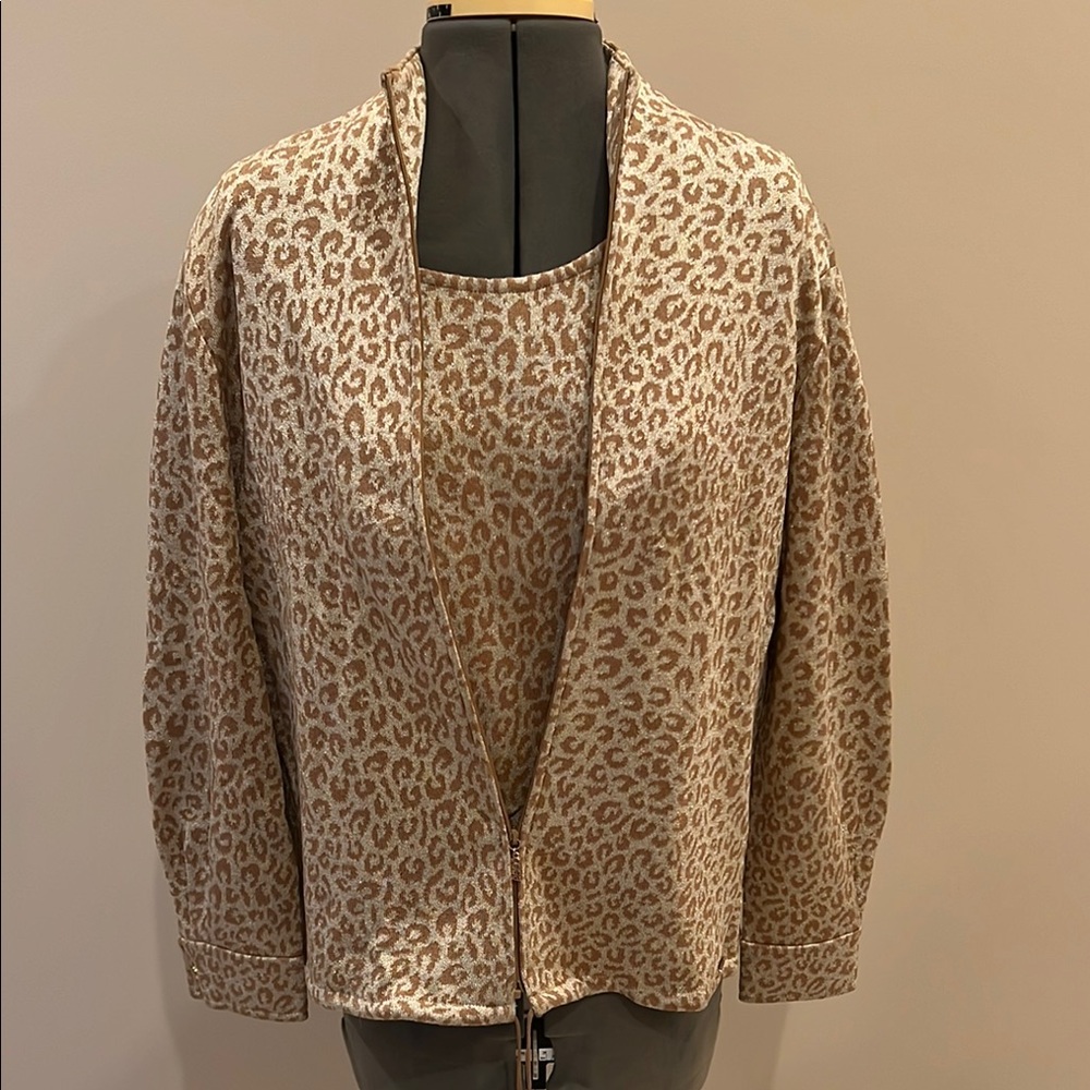 St. John Sport by Marie Gray Tan and Gold Animal Print Cardigan